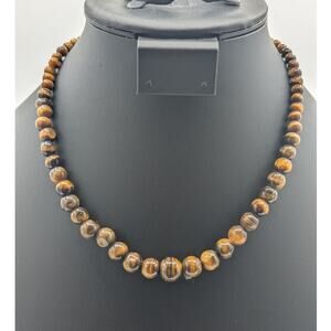 Vintage Single Strand Graduated Tiger's Eye Bead Barrel Clasp 18" Necklace